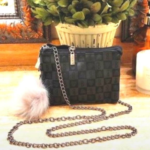 BORGHESE ROMA Crossbody Satin GEO w Shoulder Strap Chain & Faux Fur Pom Charm - Picture 12 of 14